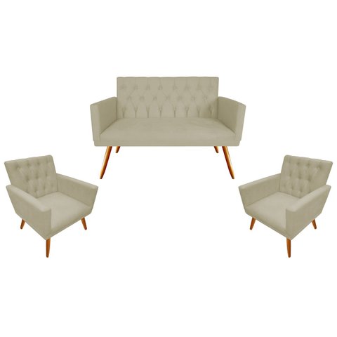 Kit Namoradeira + 2 Poltronas Decorativa Nina Capitonê Suede Bege Pés Madeira Mz Decor