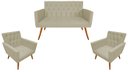 Ver imagem 1 de Kit Namoradeira + 2 Poltronas Decorativa Nina Capitonê Suede Bege Pés Madeira Mz Decor