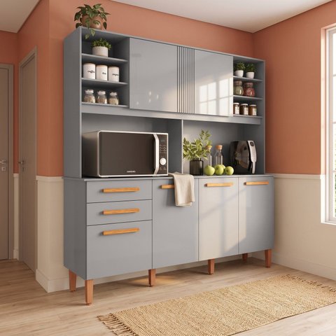 Cozinha Compacta 6 Portas 2 Gavetas com Bancada Prateleiras e Pés Reguláveis 162x193x39cm Cinza