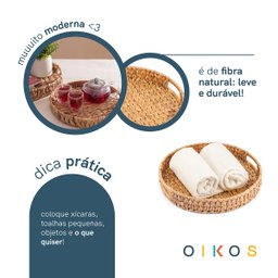 Bandeja Decorativa 30cm Redonda com Alças de Palha Fibra Natural - Oikos - 6