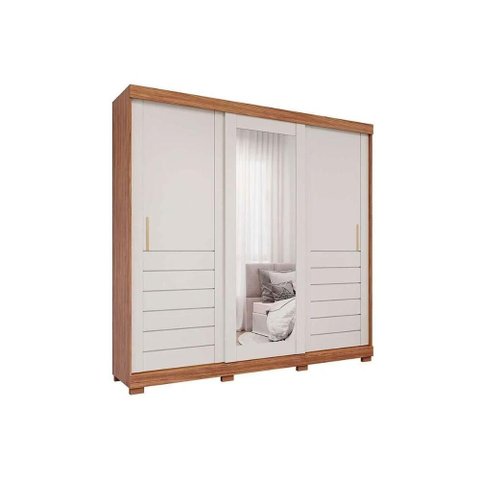 Guarda Roupa Casal 3 Portas de Correr (1 C/ Espelho) e 6 Gavetas C/ Pés Cecilia Cinamomo/off White