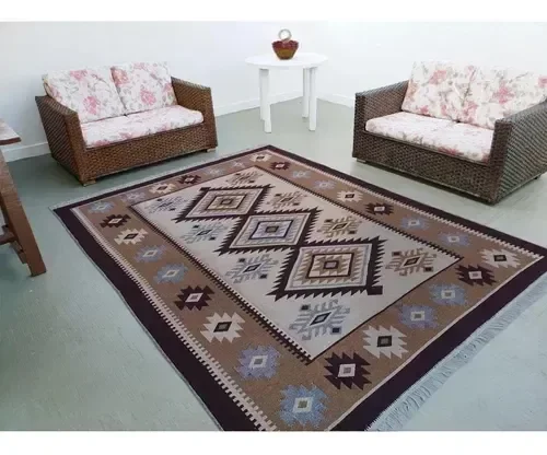 Ver imagem 2 de Tapete Sala Kilin Gashgai 200x250 Dupla Face Tribal 2 Bege