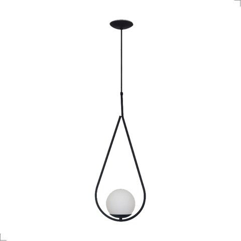 Luminária de Teto Pendente Gota Preto C/ Globo de Vidro Leitoso Bivolt 1xg9