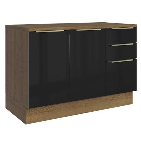 Balcão de Cozinha 120 Cm 2 Portas 3 Gavetas Rustic/preto Lux Madesa Rustic/preto