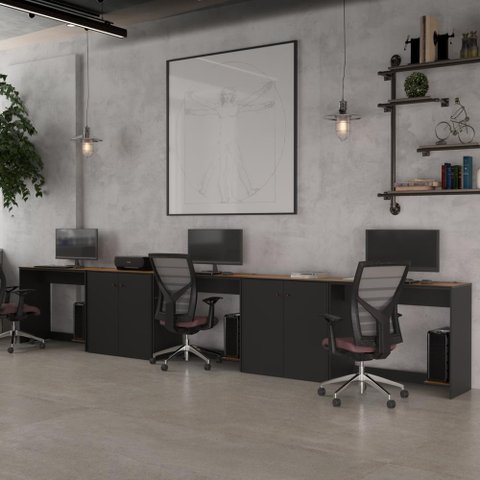 Conjunto de Escritório 5 Peças Smart Office 3 Mesas e 2 Aparador Buffet - Preto e Cedro