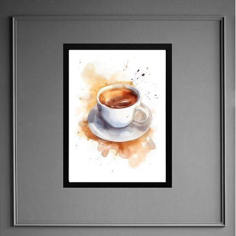 Quadro Cozinha Xícara de Café - Aquarela 33x24cm - com Vidro:madeira Preta