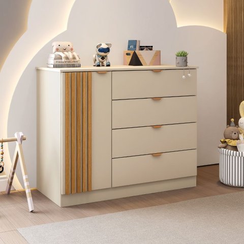 Cômoda Sapateira Infantil Ayla 100% MDF 4 Gav 1 Pt Detalhes Ripados Quarto de Bebê Off White Phoenix