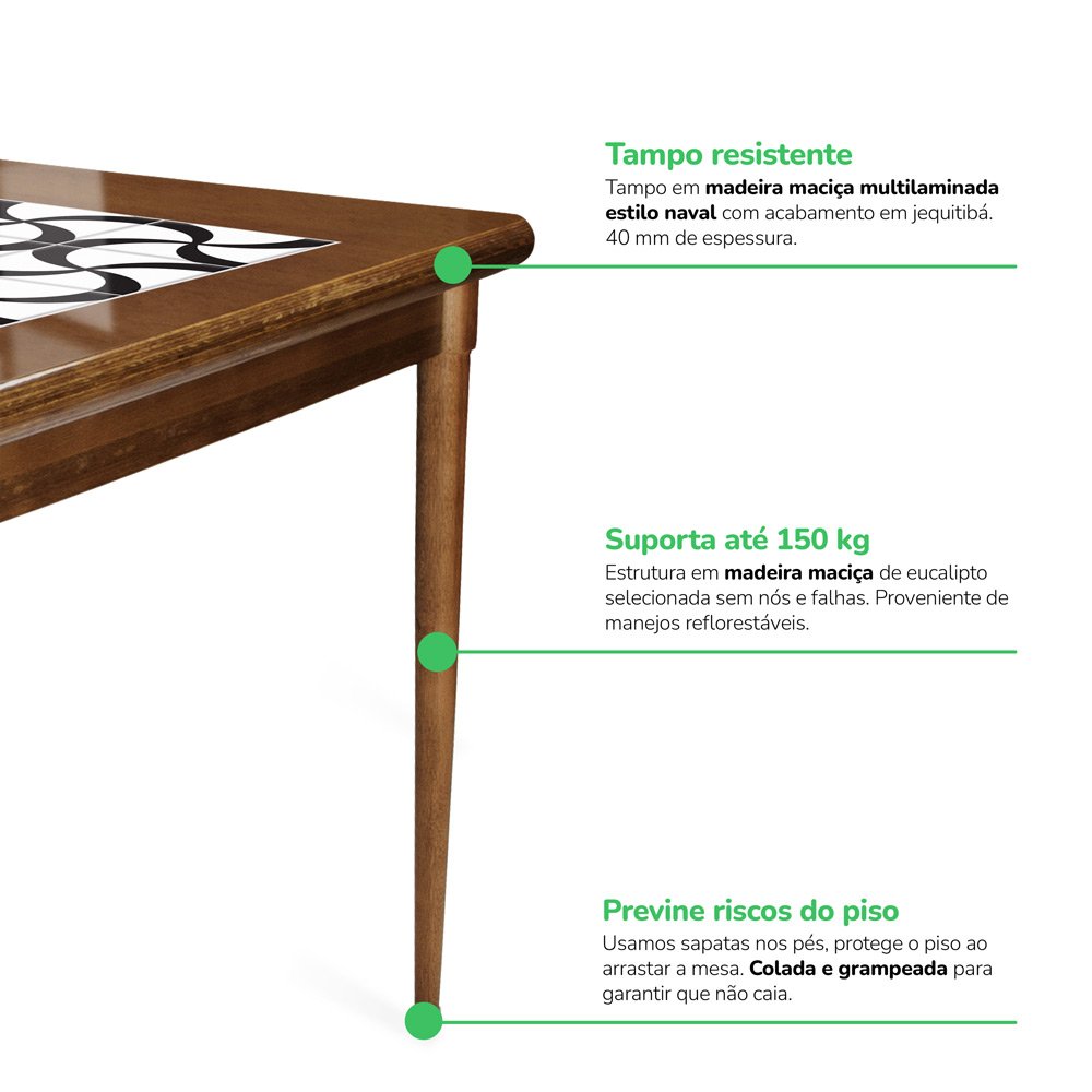 Mesa retangular de madeira para sala de jantar com azulejo - Luar - 11
