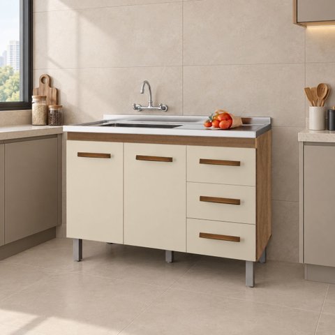 Balcão Gabinete Pia Cozinha sem Tampo 120cm 2 Porta 3 Gaveta Cor:Savana Off White
