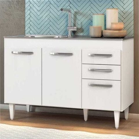 Balcão Gabinete de Pia 120cm Suécia 03 Portas 02 Gavetas - Lumil Móveis - Branco