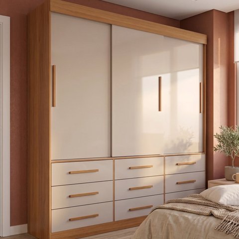 Guarda Roupa Casal 3 Portas de Correr 9 Gavetas com Cabideiros, Nichos e Prateleiras 180x218x47cm