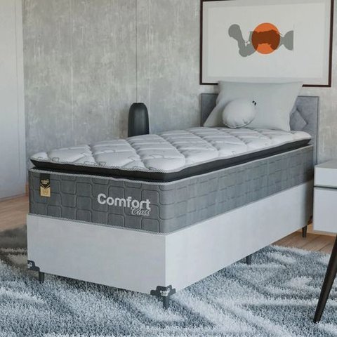 Cama Box Solteiro + Colchão Comfort Class Pillow Top 88x188 Cinza/suede Branco