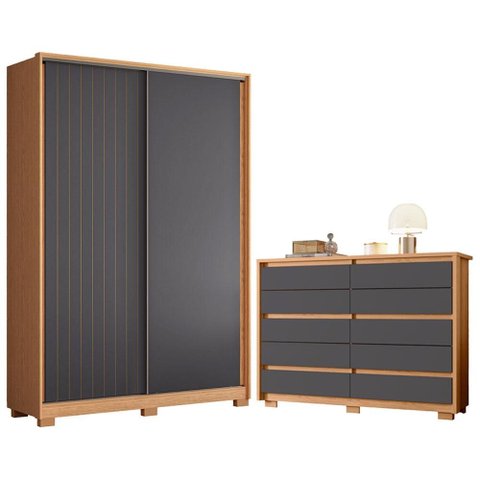 Guarda Roupa Solteiro Frizatto 02 Portas de Correr e Cômoda Duetto 10 Gavetas Freijo Titanium- Móvei