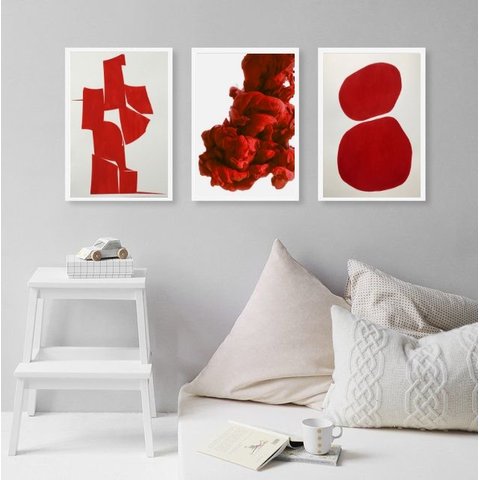 Kit 3 Quadros Decorativos Vermelhos- Arte Moderna 45x34cm:madeira Preta