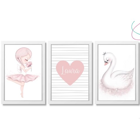 Kit 3 Quadros Decorativos - Bailarina Cisne Moldura Vidro:branca