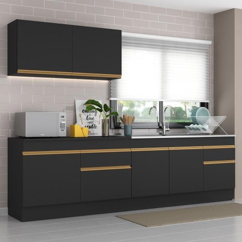 Cozinha Compacta com Rodapé Veneza Multimóveis MP2111 com Armário e Balcão Preta