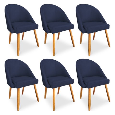 Kit 06 Cadeiras Jantar Bela Suede Azul Marinho Pés Palito Castanho - Pallazio
