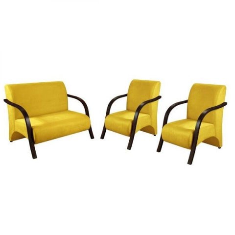 Conjunto Poltrona Vênus Braço Madeira Suede Amarelo