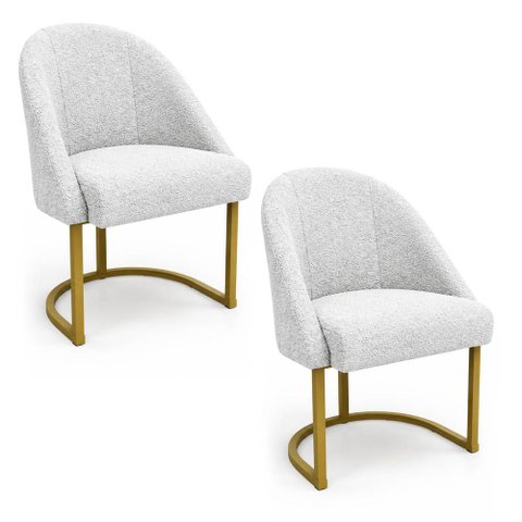 Kit 02 Cadeiras Poltrona de Jantar Lua Boucle Off White Base Ferro Dourado Dal Poz Estofados