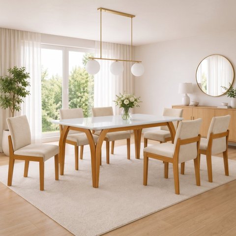 Conjunto Sala de Jantar Mesa Ágata Tampo Vidro/MDF com 6 Cadeiras Mônaco Cinamomo/Off White/Suede