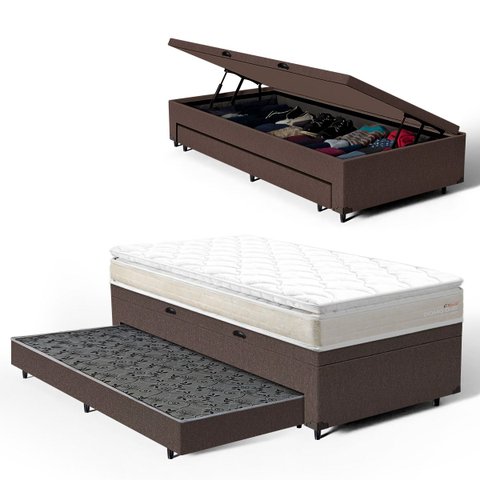 Cama Box Baú com Colchão de Espuma D45 Pillow Top Ortopédico Domo + Auxiliar Solteiro 88cm