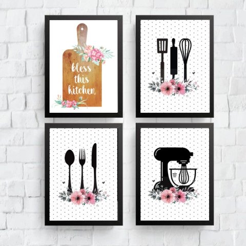 Kit 4 Quadros Cozinha Poá -preto e Rosa 45x34cm - com Vidro:madeira Branca