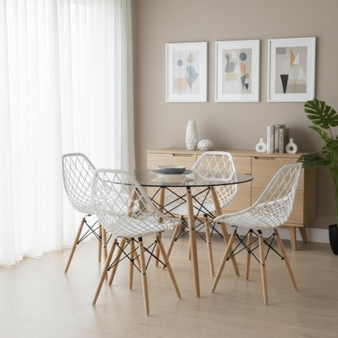 Kit Mesa Eames Vidro 90cm + 4 Cadeiras Kaila Dsw Seat&Co