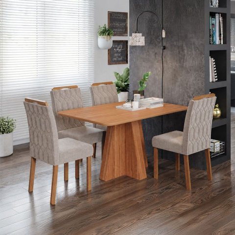 Sala de Jantar 4 Lugares 130 cm Zenóbia Cadeiras Madeira Maciça Cinamomo/Bege - Panorama Móveis