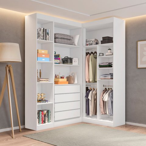 Guarda-Roupa Closet Modulado de Canto L sem Portas 4 Gavetas 4 Prateleiras Versatille Yescasa