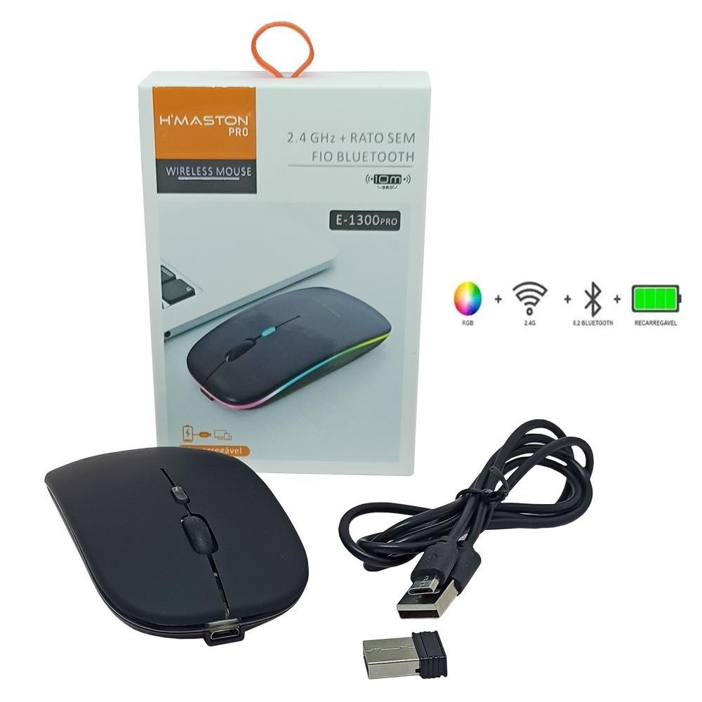 Mouse sem Fio H'maston Bluetooth Usb Recarregável com Led