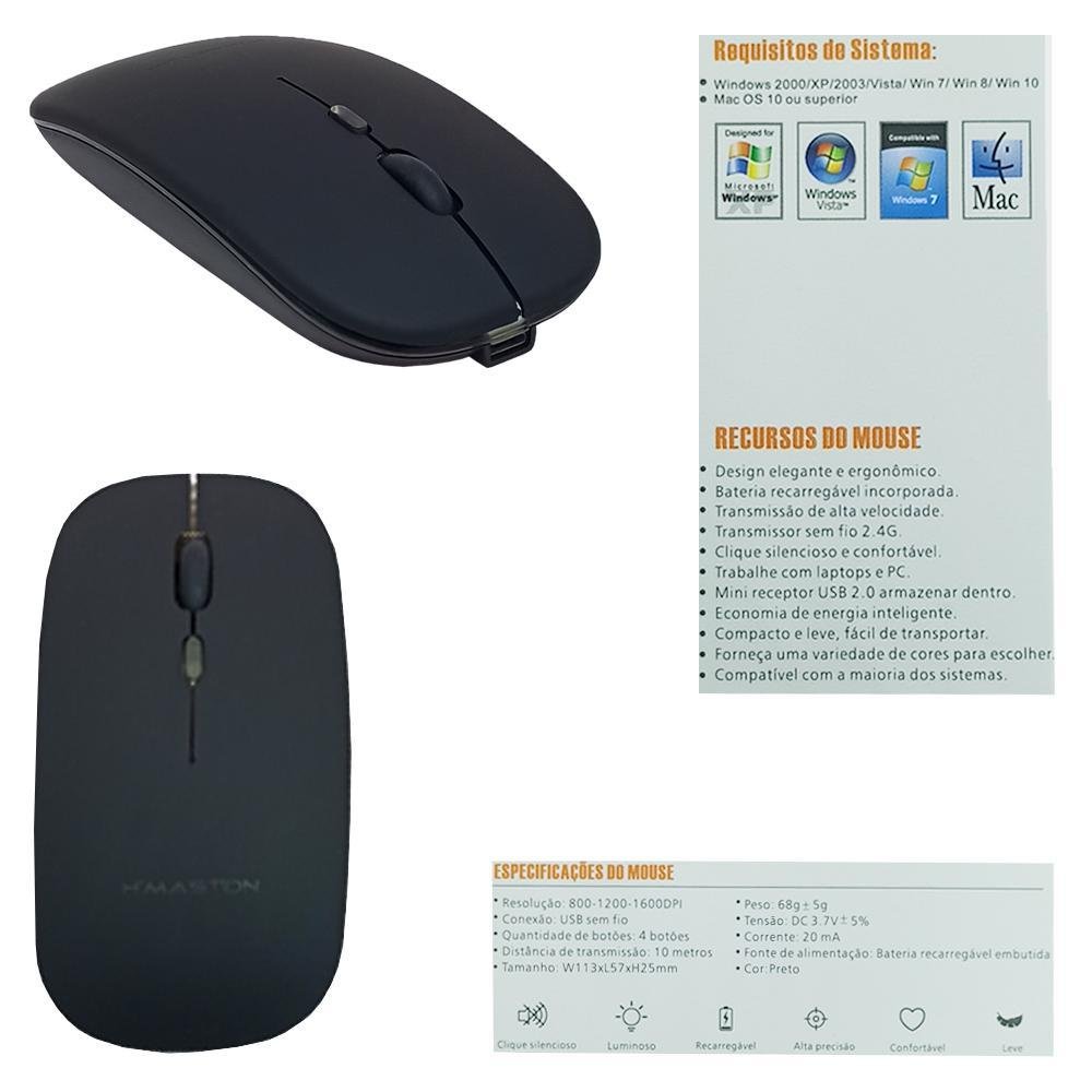 Mouse sem Fio H'maston Bluetooth Usb Recarregável com Led - 7