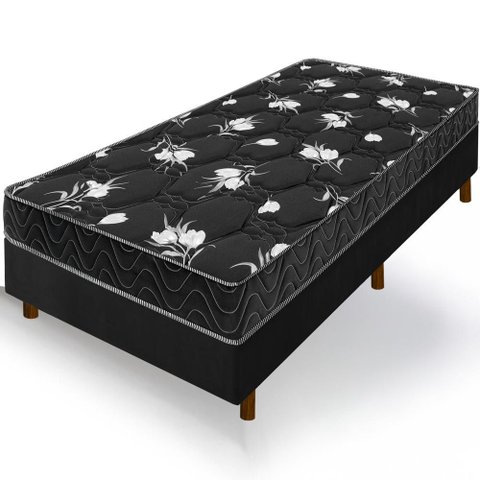 Cama Box Preta + Colchão Solteiro Castelar Preto Espuma D33 Bordado 88x188x54cm