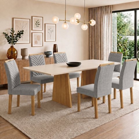 Conjunto Sala de Jantar 6 Lugares Retangular Tampo MDF 160x80cm Mesa Lyra e Cadeiras Carol