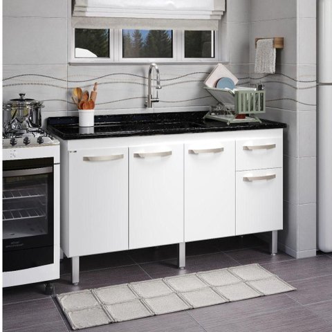 Balcão Flat de Cozinha para Pia 4 Portas 1 Gaveta 1,43 Branco