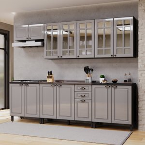 Cozinha Americana Modulada Balcão 120cm para Pia Sem Tampo Aéreo 120cm Aéreo 880cm com Vidros Reflecta Compacta 6 Peças Paris