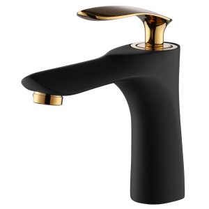 Torneira Monocomando Preta e Dourada Bica Baixa Luxo Banheiro Lavabo Pia Cuba Inovartte In64