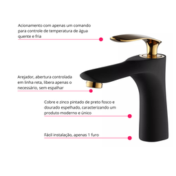Torneira Monocomando Preta e Dourada Bica Baixa Luxo Banheiro Lavabo Pia Cuba Inovartte In64 - 7