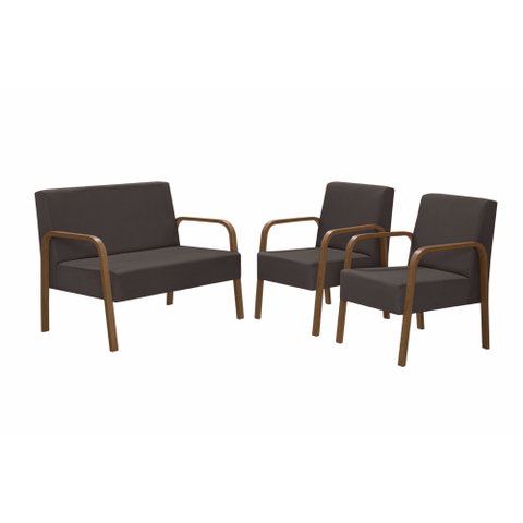 Conjunto Luna 2 Poltronas de 1 Lugar e 1 Poltrona de 2 Lugares Braço Madeira Dsalla Suede Marrom