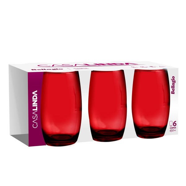 Kit 2 Jogos Copos Vidro Bellagio Vermelho Colorido 450ml