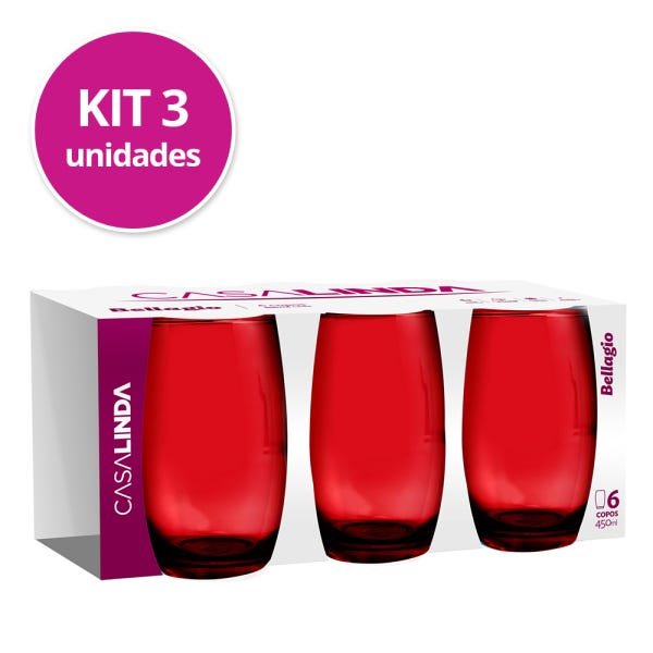 Kit 3 Jogos Copos Vidro Bellagio Vermelho Colorido 450ml