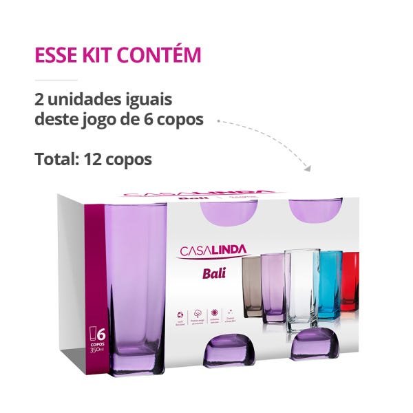 Kit 2 Jogos De Copo Vidro Bali Quadrado 320ml Lilás Colorido