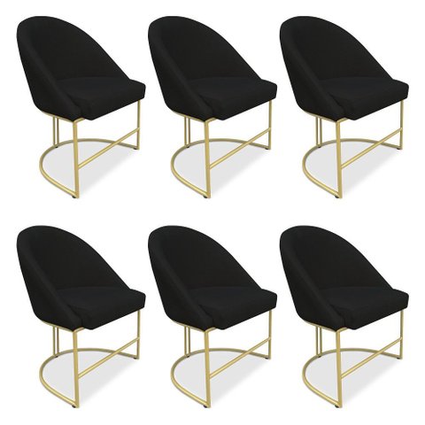 Kit 06 Cadeiras Poltrona de Jantar Bela Veludo Preto Base Metálica Industrial Dourado - Pallazio