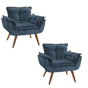 Kit 2 Poltronas Decorativa Sala Recepção Escritório  Opala Suede Azul Marinho