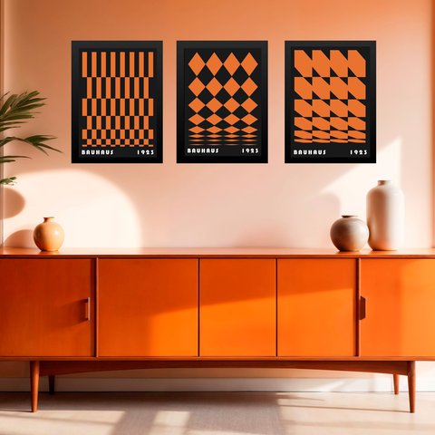 Kit 3 Quadros Artes Geométricas Bauhaus Laranja e Preto 45x34cm:moldura Branca