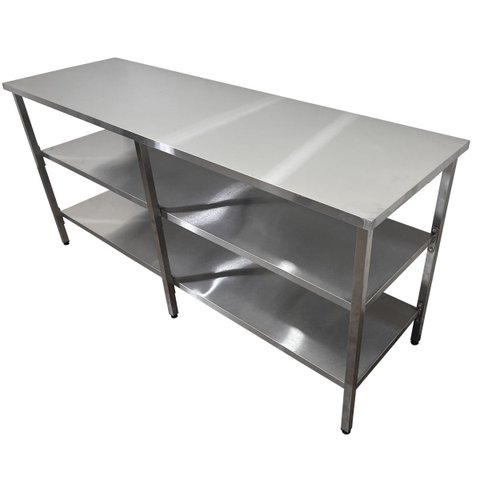 Mesa de Aço Inox Industrial 170x60x90 cm com 2 Prateleiras Plano Liso Nortinox