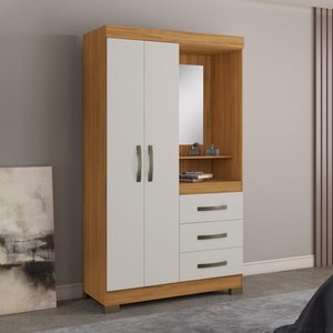 Guarda Roupa Armário Roupeiro Solteiro Espelho 2 Portas 3 Gavetas Quarto Marrom Madeira Off White