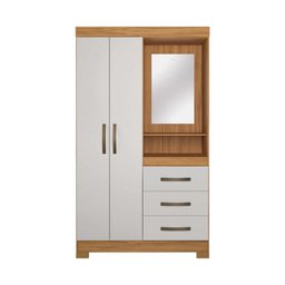 Guarda Roupa Armário Roupeiro Solteiro Espelho 2 Portas 3 Gavetas Quarto Marrom Madeira Off White - 4