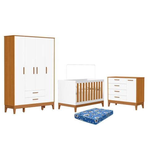 Dormitório Infantil Flip Guarda Roupa 4 Portas, Cômoda 1 Porta e Berço Branco Fosco/savana com