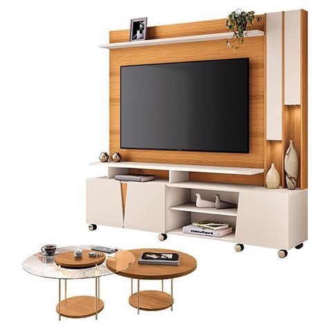 Estante Home Theater Virtus Cinamomo Off White com Kit Mesa de Centro Sky Cinamomo - Hb Móveis