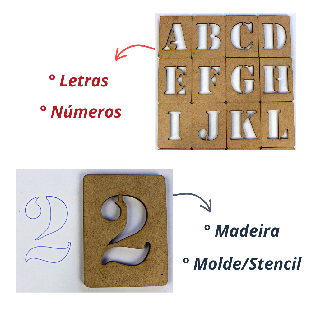 Molde Alfabeto Stencil Letras Numeros Feito De Madeira 100% MDF Vazado - 4